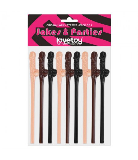 Lovetoy Pack Of 9 Willy Straws Black Brown And Pink