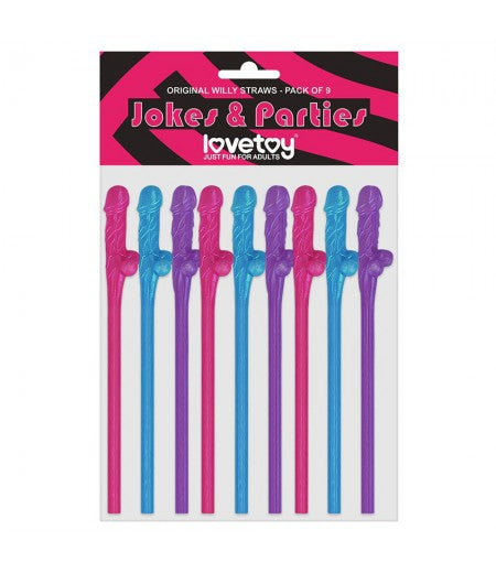 Lovetoy Pack Of 9 Willy Straws Blue Pink And Purple